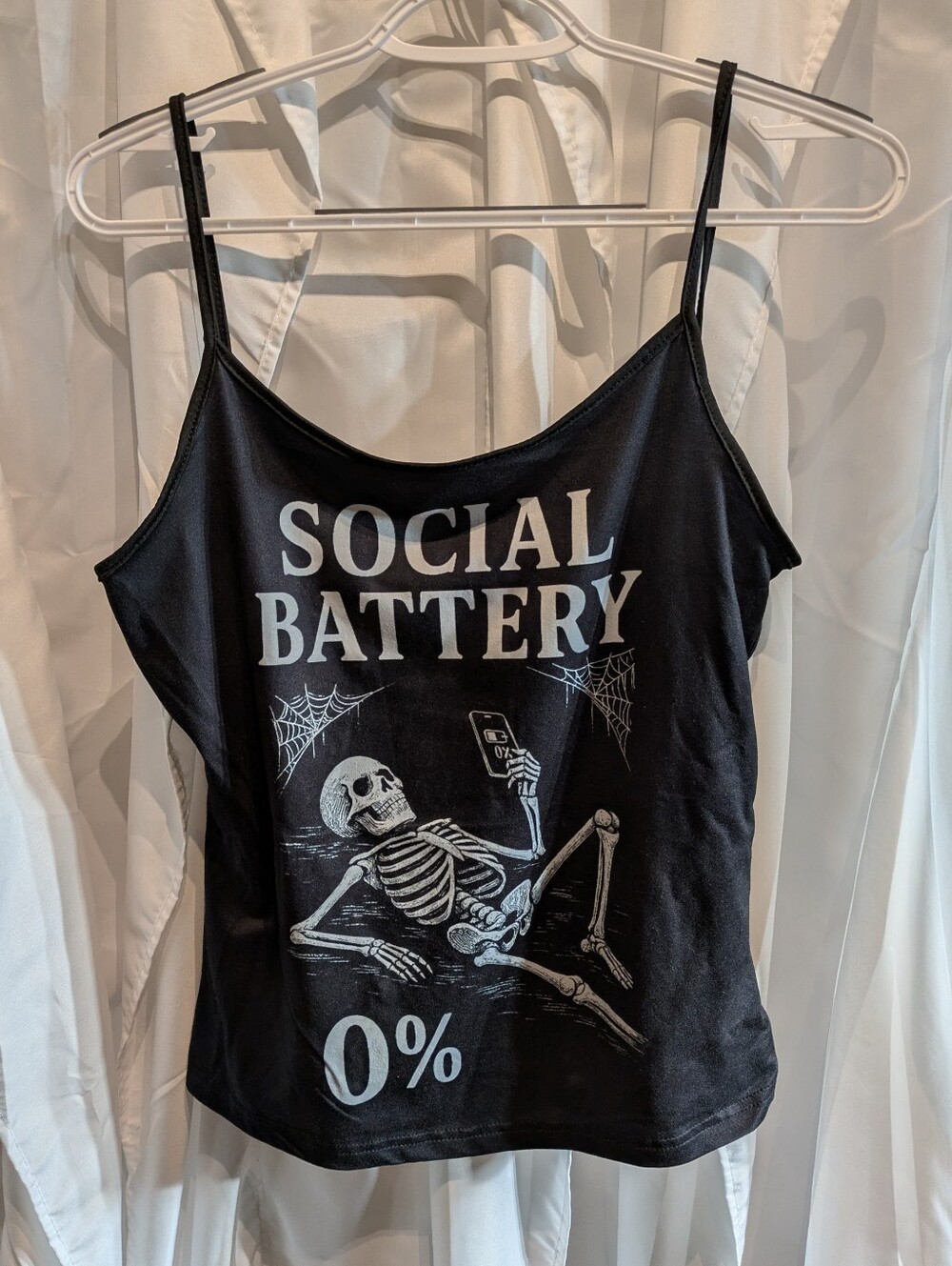 E3 Social Battery 0% Skeleton Graphic Cami Top - Black Spaghetti Strap Tank